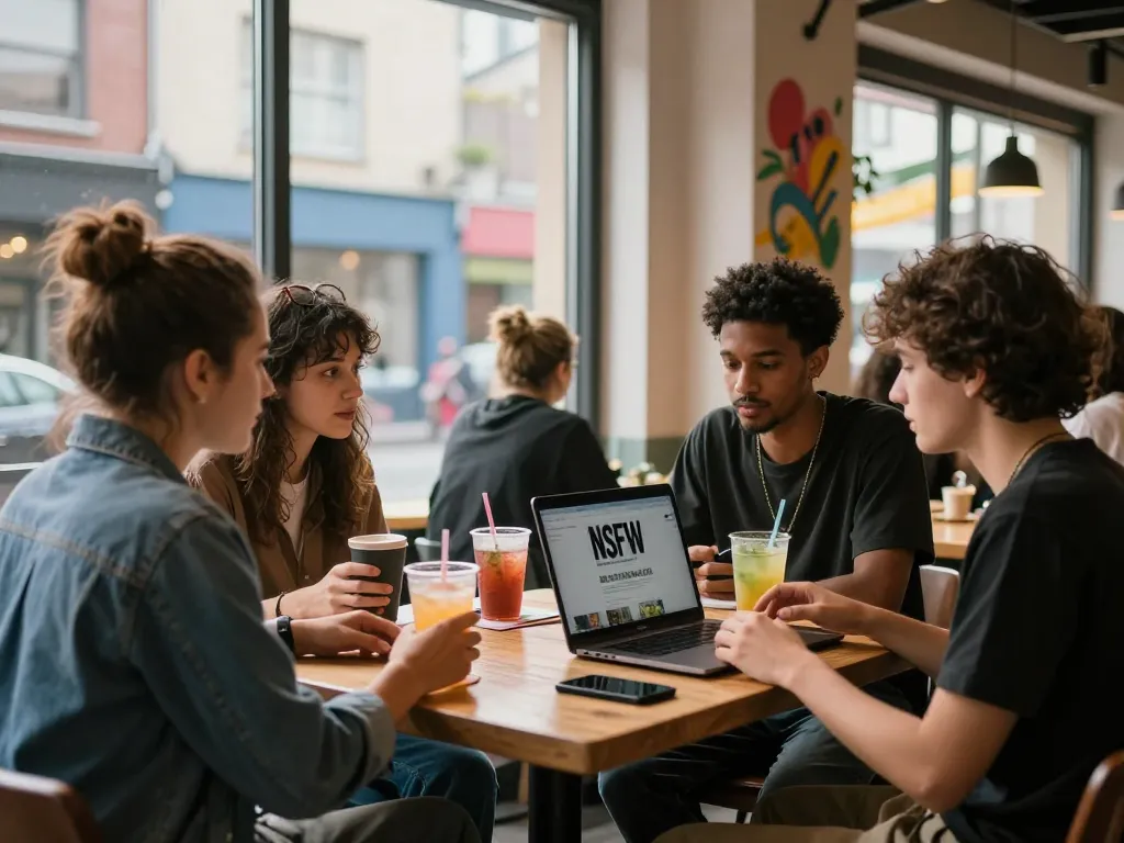 Urban friends at café discussing NSFW content with laptops and drinks.