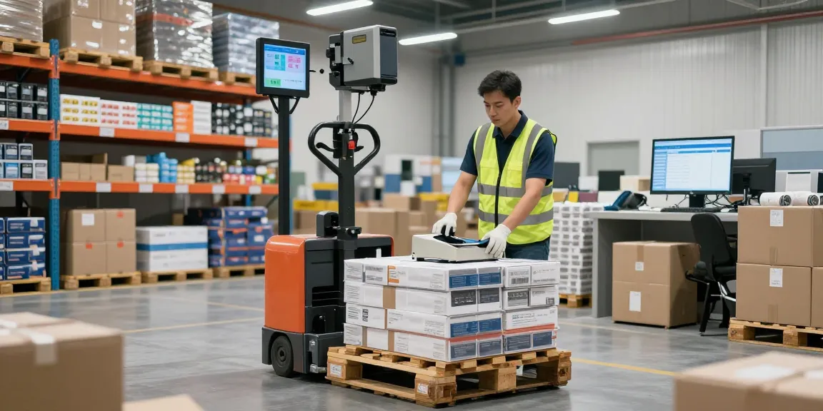 Efficient operation of an electric pallet truck with scale and printer in a busy warehouse setting, showcasing advanced material handling.
