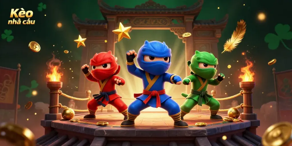 Kèo nhà cái illustration depicting a dynamic scene with ninja chameleon characters performing martial arts among golden coins, emphasizing betting strategies.