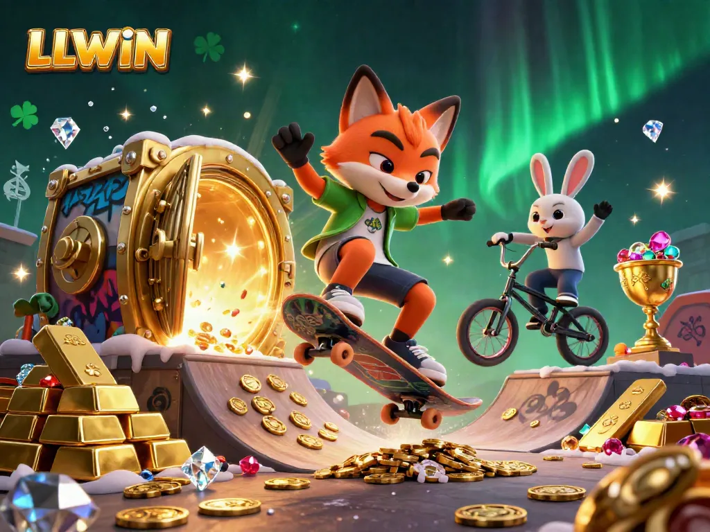 LLWIN casino-themed illustration featuring a skateboarding fox and BMX rabbit on golden poker chips.