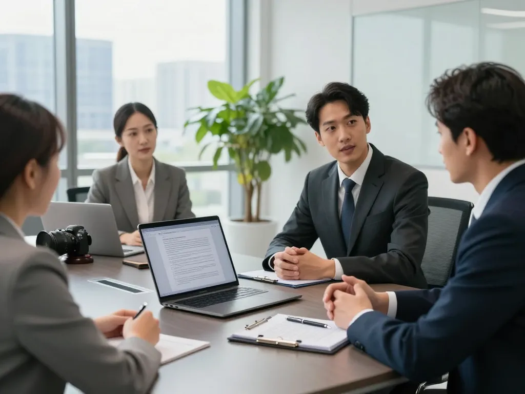Company lawyer Richmond Hill Ontario consulting clients in a modern office setting with legal documents and city views.