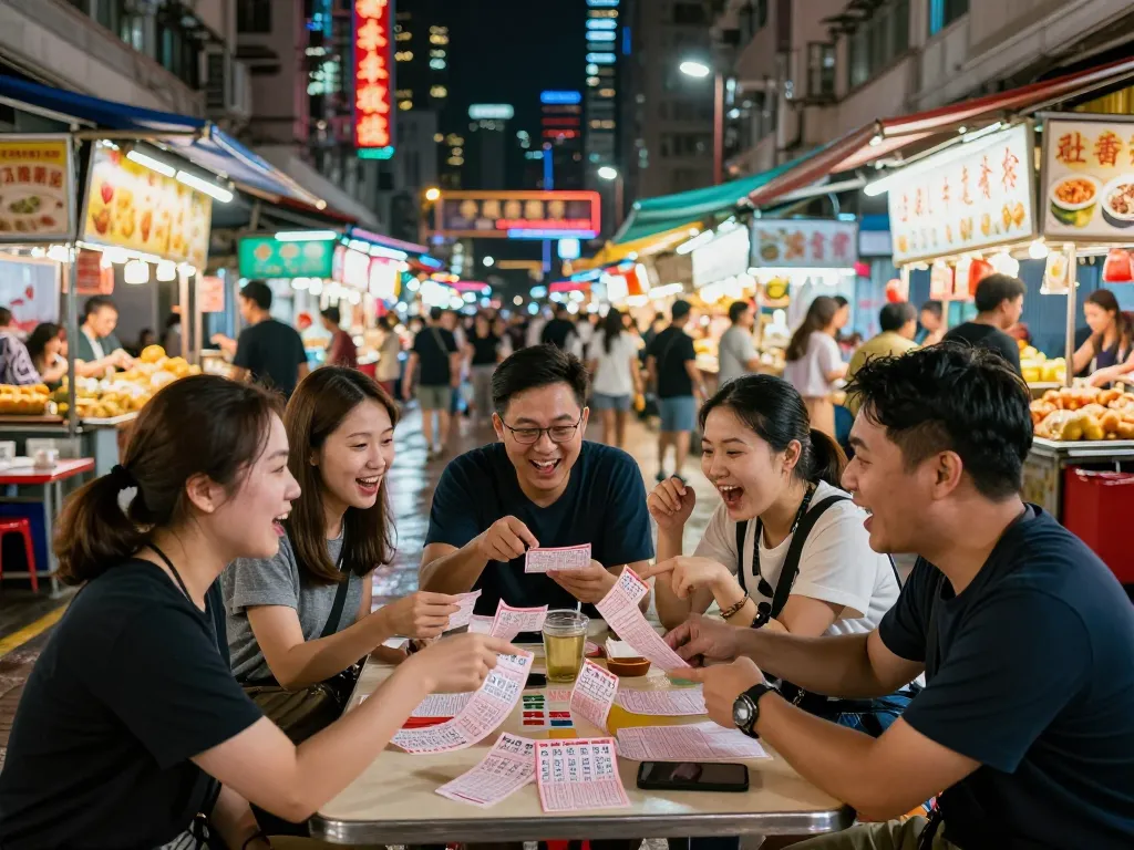 Teman-teman merayakan harapan HK Lotto di pasar jalanan yang ramai di Hong Kong.