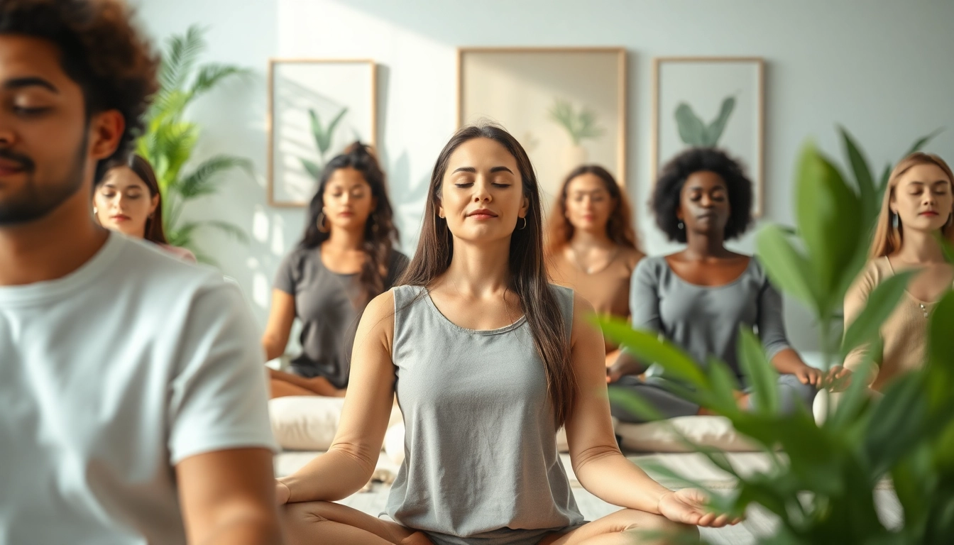 Engaged individuals practicing mental wellness during a calming meditation session.