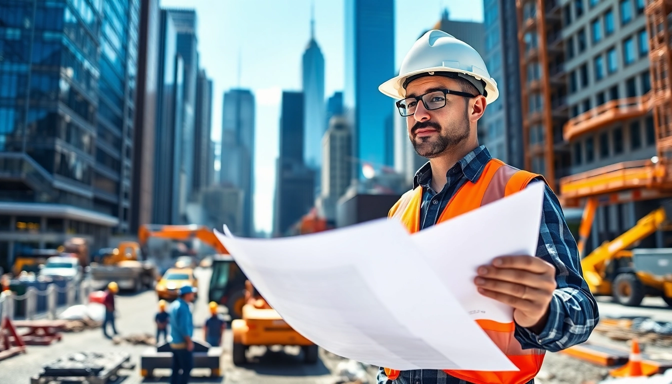 New York City General Contractor reviewing construction plans at a busy site amidst skyscrapers.