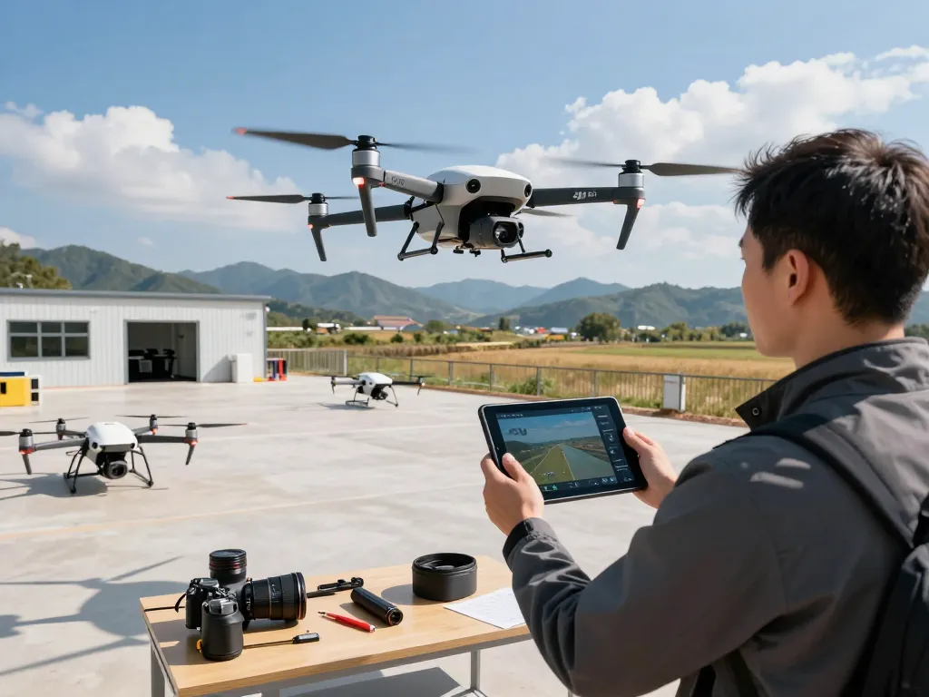 Drone operator piloting DJI P1 drone in aerial imaging facility with tablets and various drones.