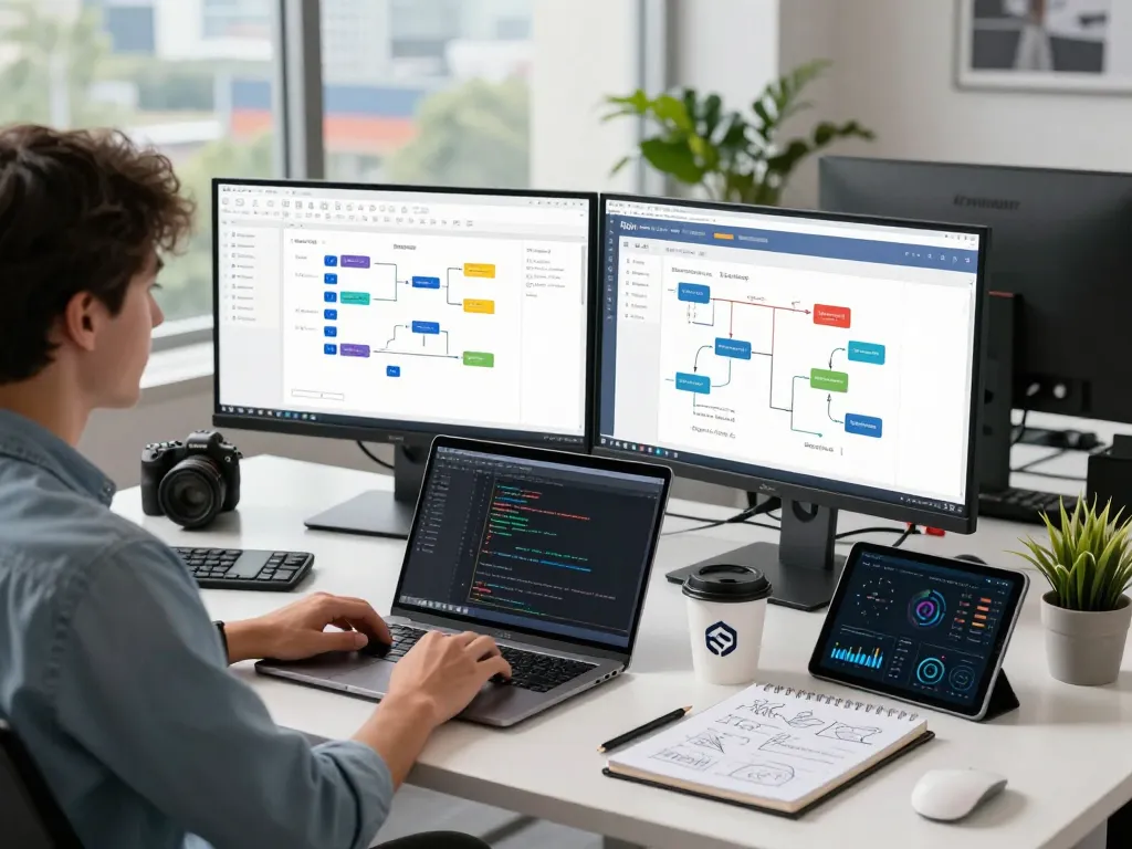 Automation developer utilizing zapier for seamless workflow integration in a modern workspace