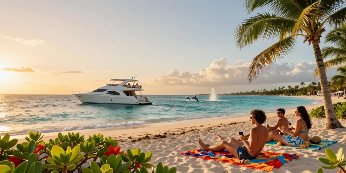 Punta Cana yacht rental with sunset view, friends on a private yacht enjoying drinks on a beach.