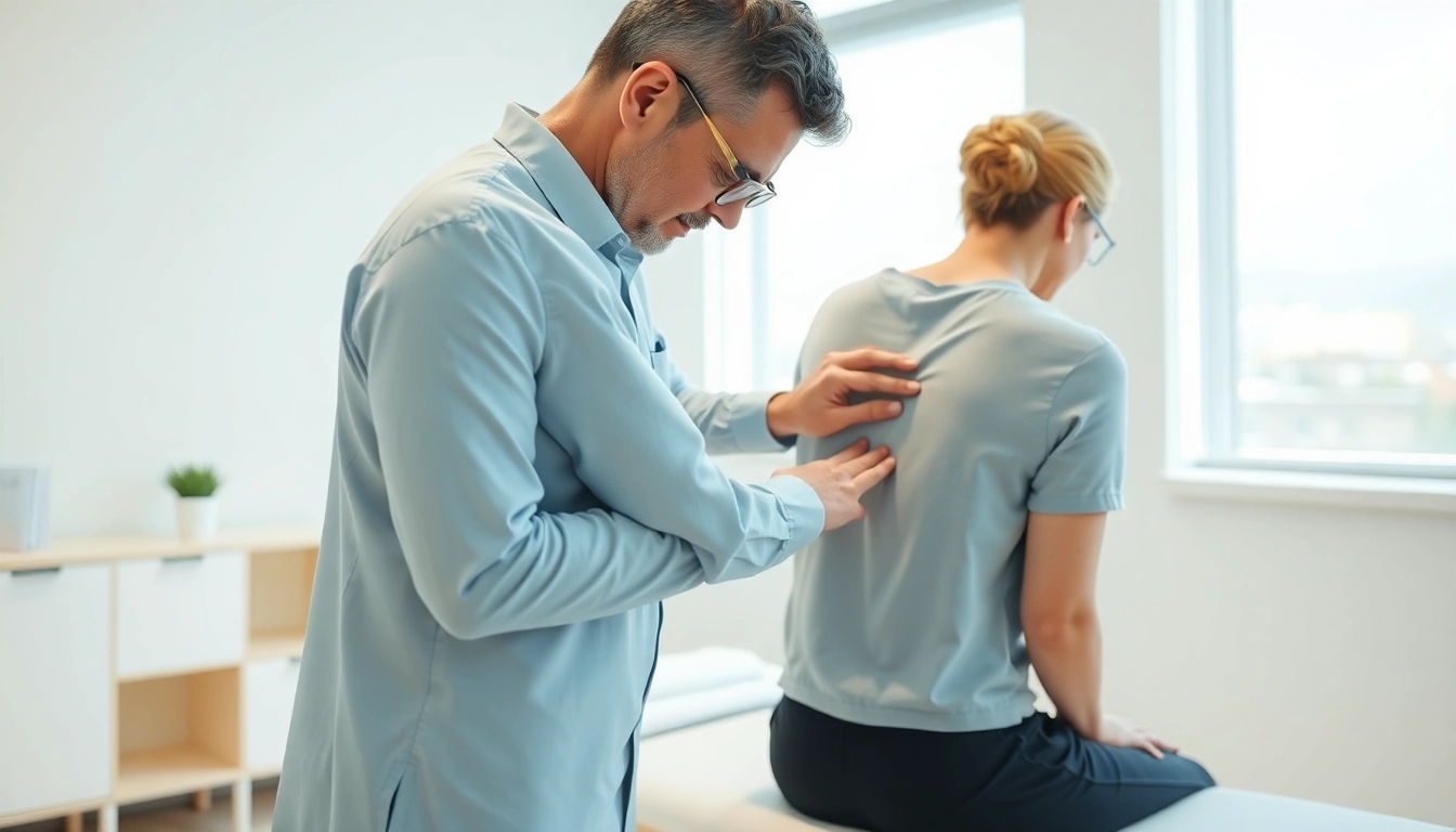 Therapist aiding a patient with chronic low back pain during a spinal adjustment in a bright clinic setting.