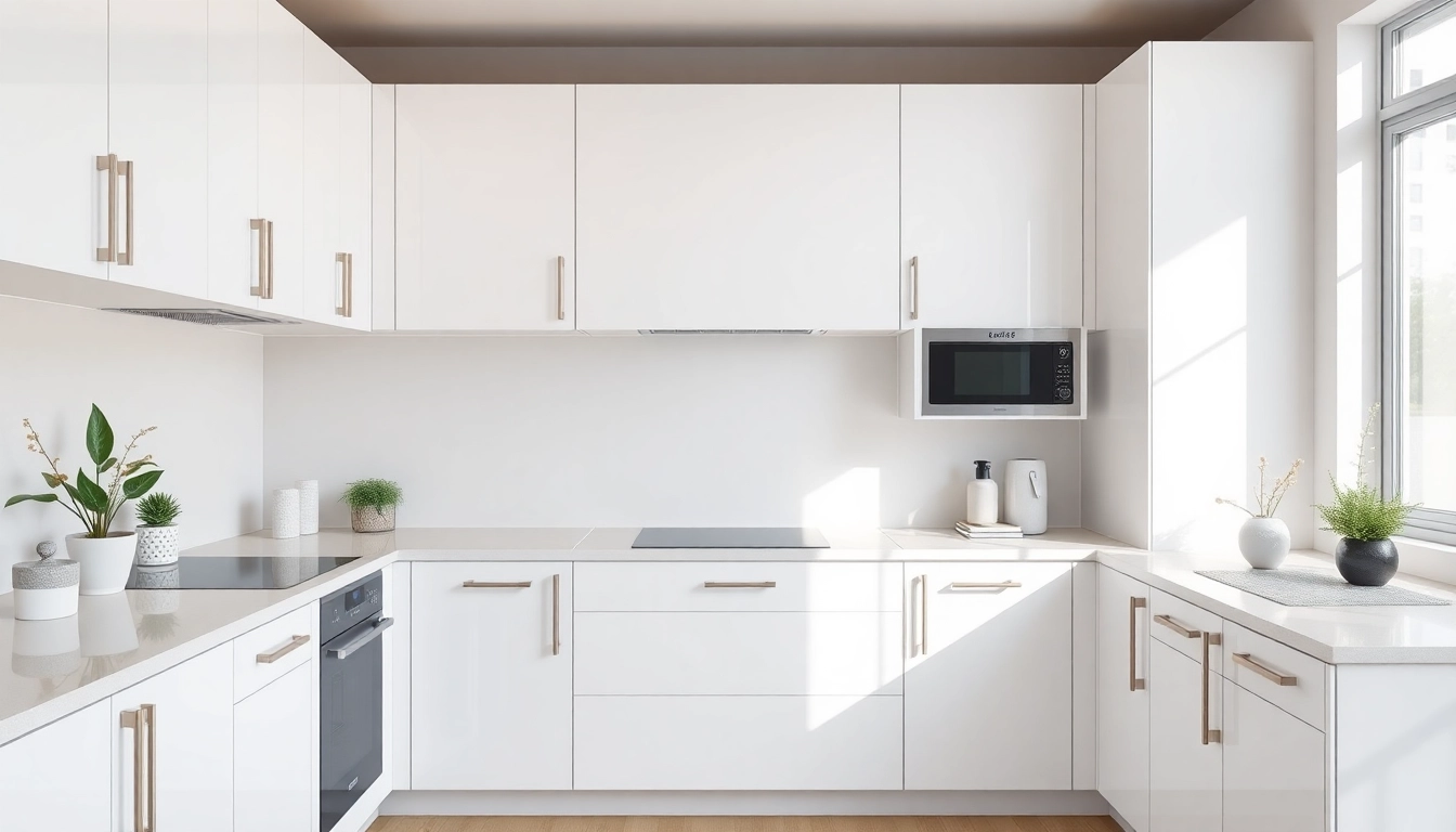 Cabinet Refacing Largo FL offering modern kitchen aesthetics with sleek, white cabinets in a bright environment.