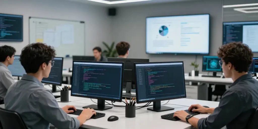 Web application penetration testing in a high-tech cybersecurity environment with professionals analyzing vulnerabilities.