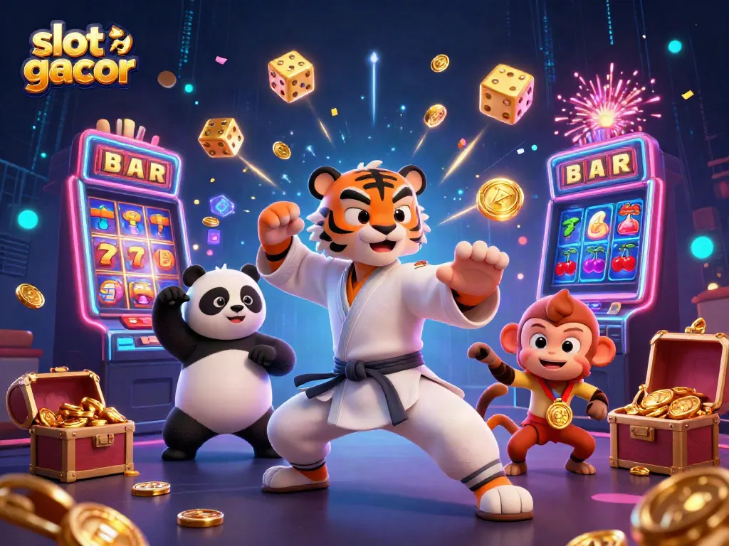 Engage with slot gacor dynamics in a vibrant 3D casino scene with animated characters and rich visual elements.
