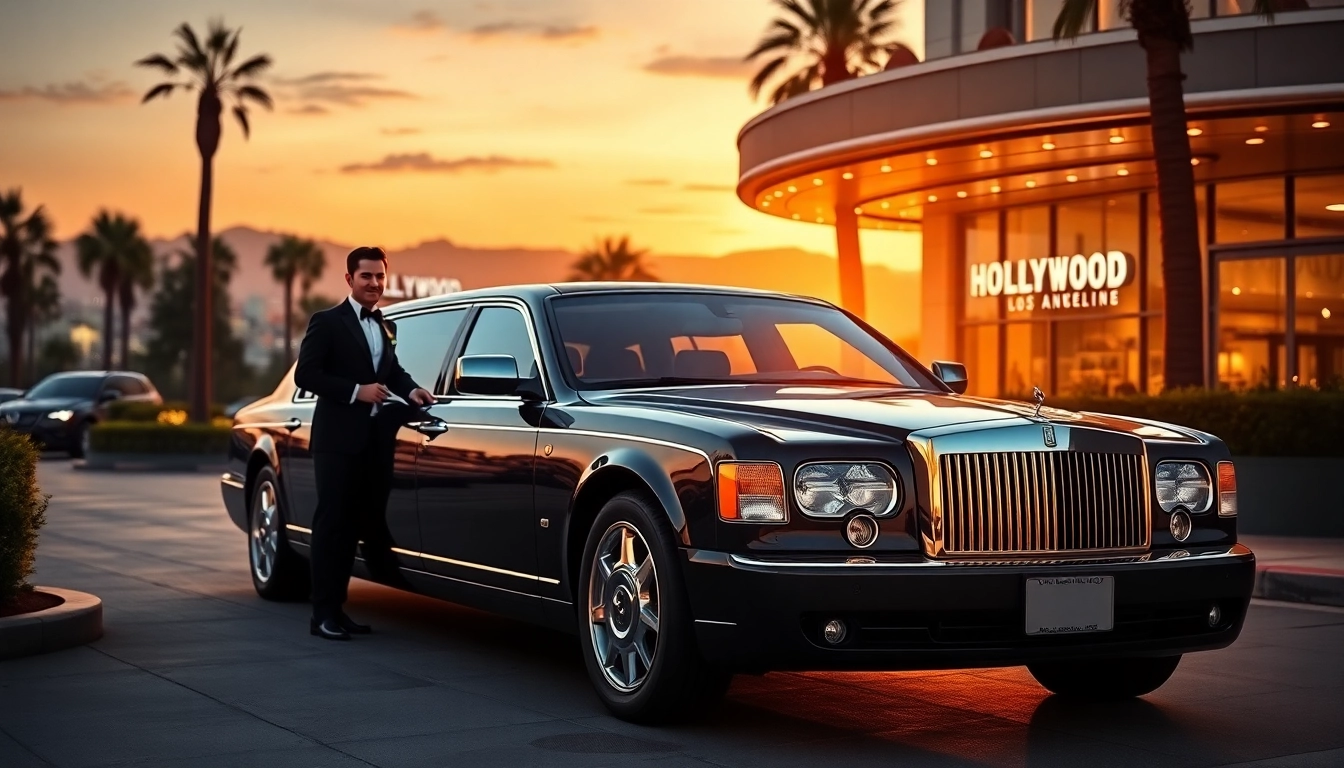 Luxury Hollywood Town Car and Limousine outside a glamorous venue at sunset.