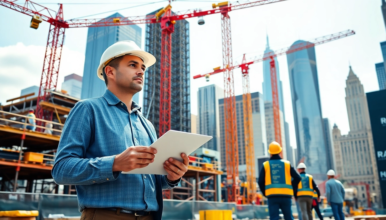 New York City Construction Manager overseeing a busy urban construction site with cranes and workers.