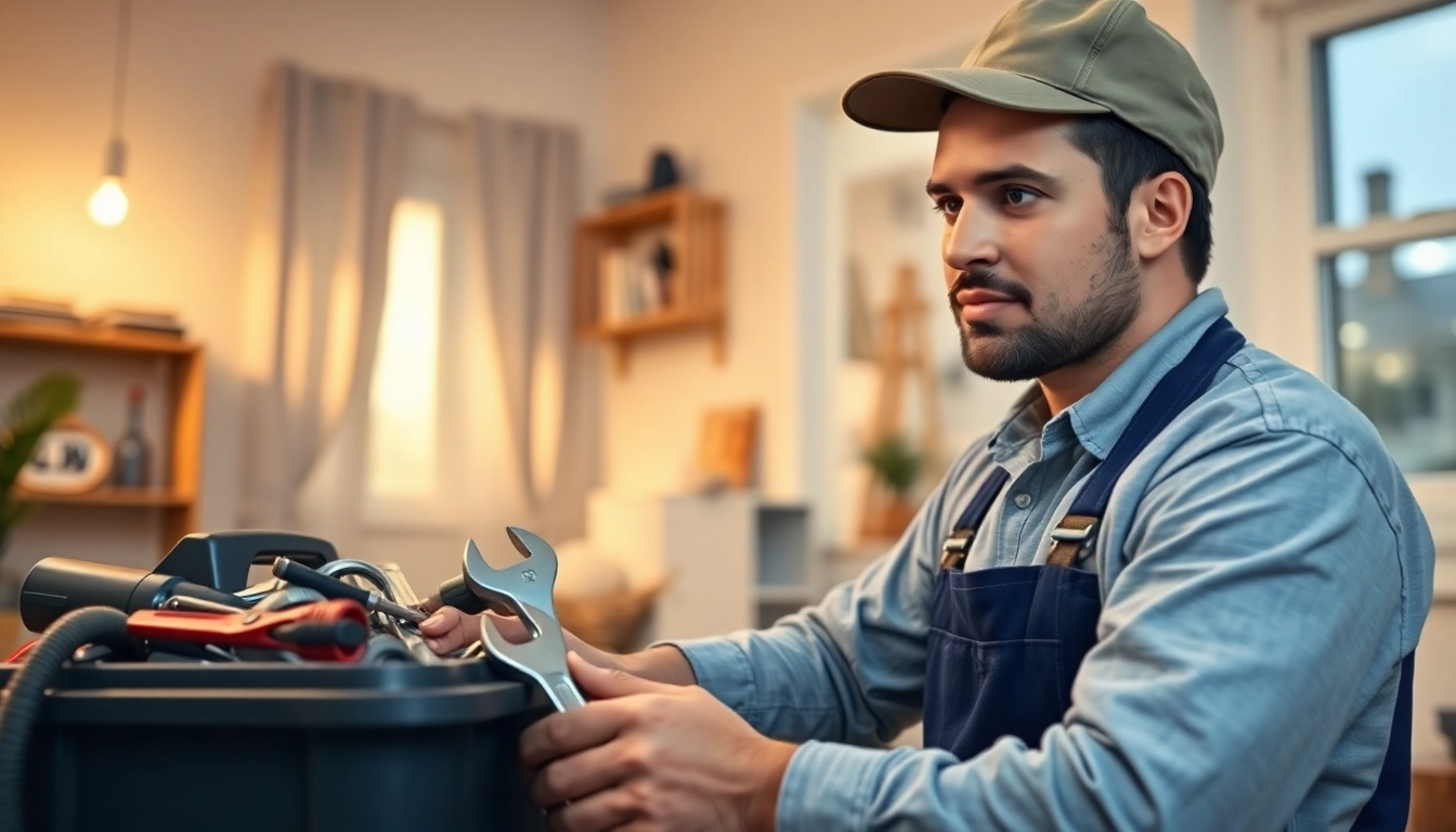 Reliable plumber near me working diligently with tools in a home setting.