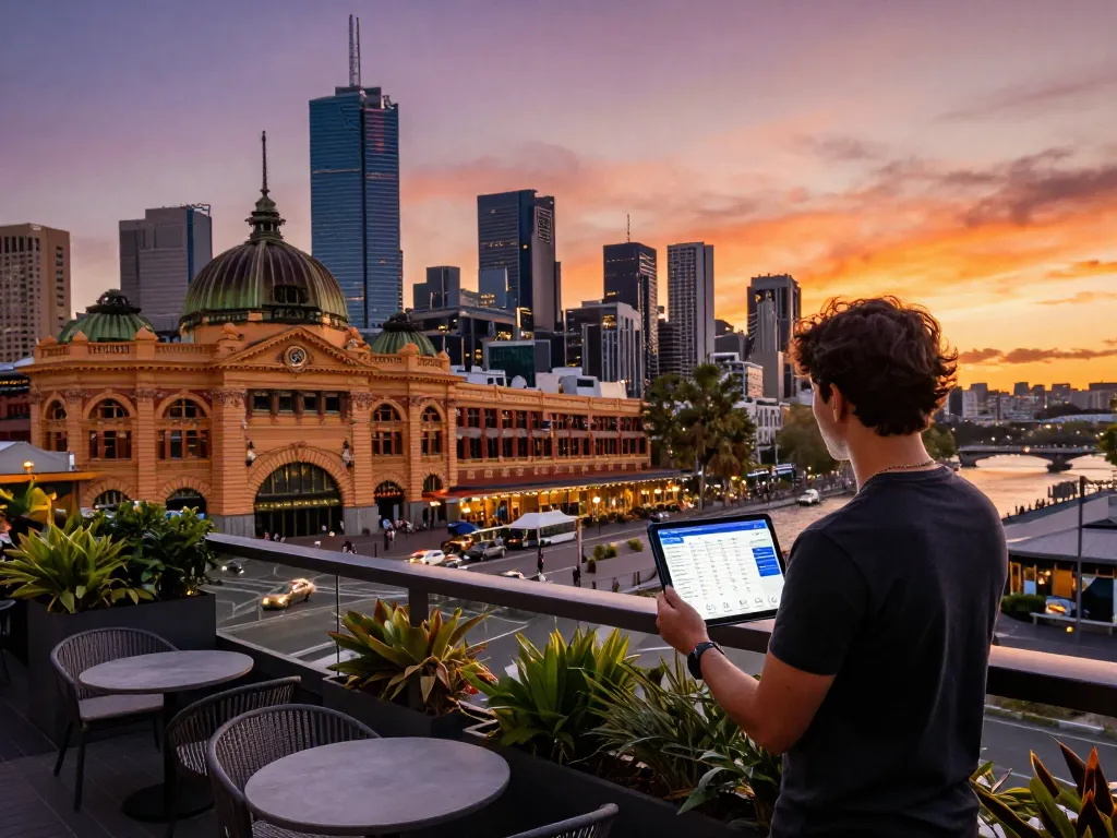 Airbnb management Melbourne scene with a property owner reviewing booking analytics on a balcony overlooking the city.