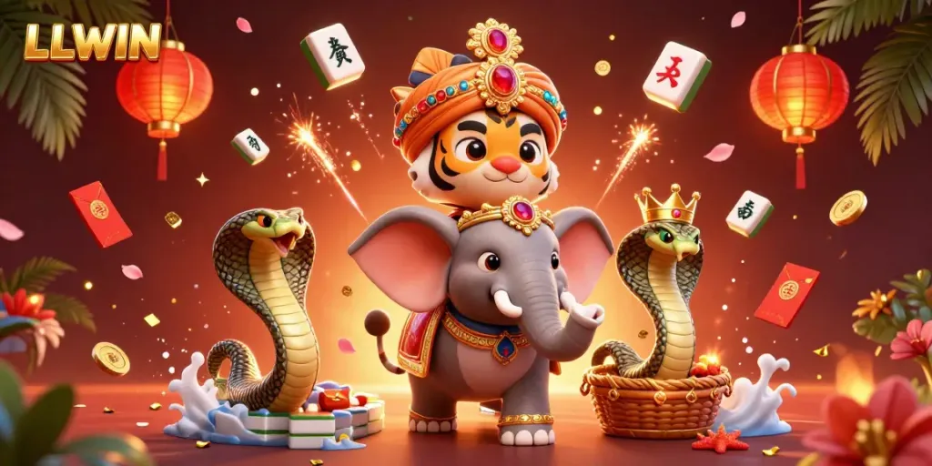 Experience thrilling casino action with LLWIN, showcasing vibrant characters and festive elements.