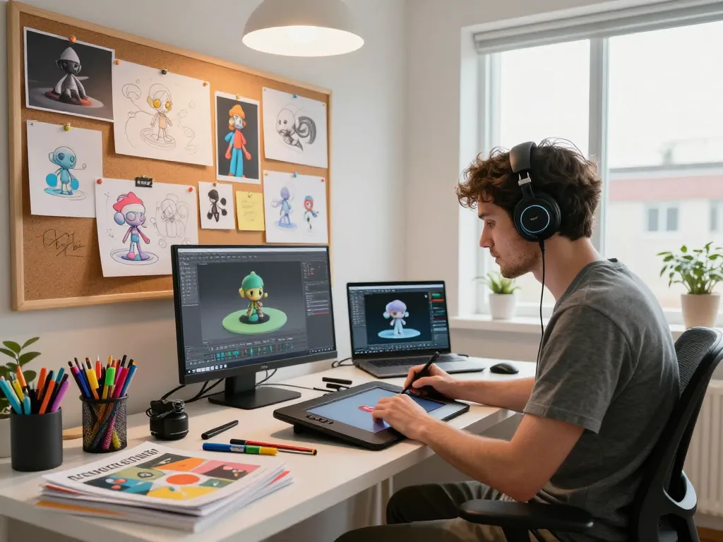 3D artist transforming a flat image to a detailed model in a creative workspace focusing on Image to 3D technology.