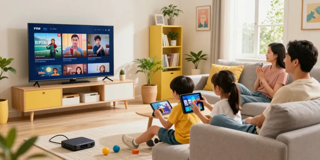 Family enjoying IPTV usa guide content in cozy living room.