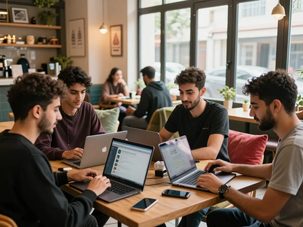 Engaging chat atmosphere showcasing شات فلسطين with young Palestinians connecting in a cozy cafe.