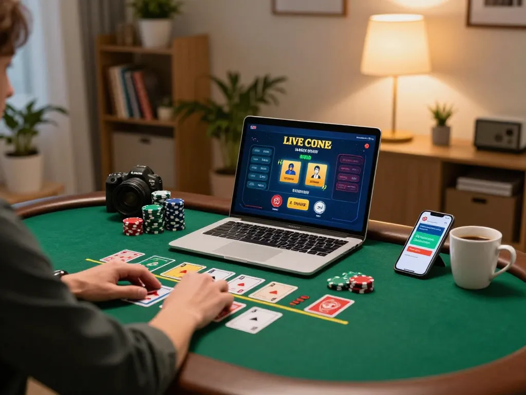 Player engaging in online blackjack on lv88 com with laptop and betting tools.