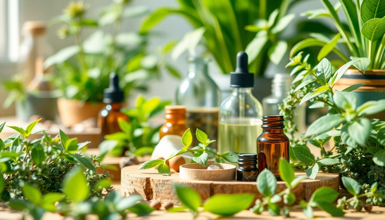 Access https://amc-essentials.com/ natural remedies in a vibrant wellness setting with essential oils.