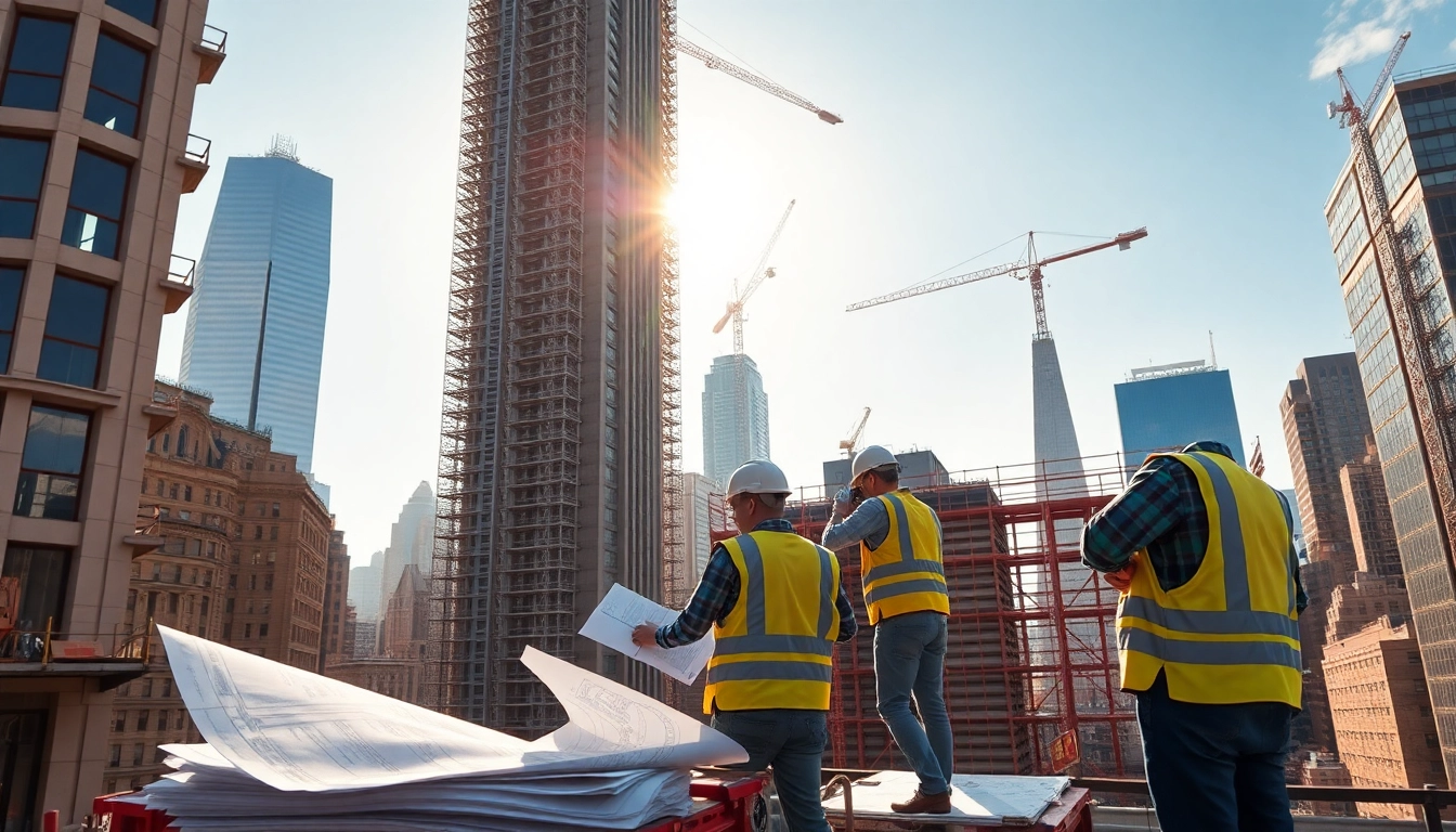 Manhattan Commercial General Contractor collaborating on a high-rise project with blueprints in hand.