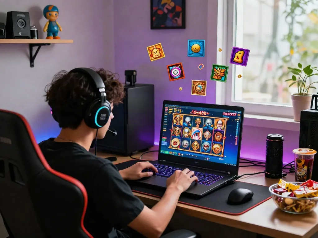 Player engaging with slot gacor game on laptop in vibrant gaming setup.