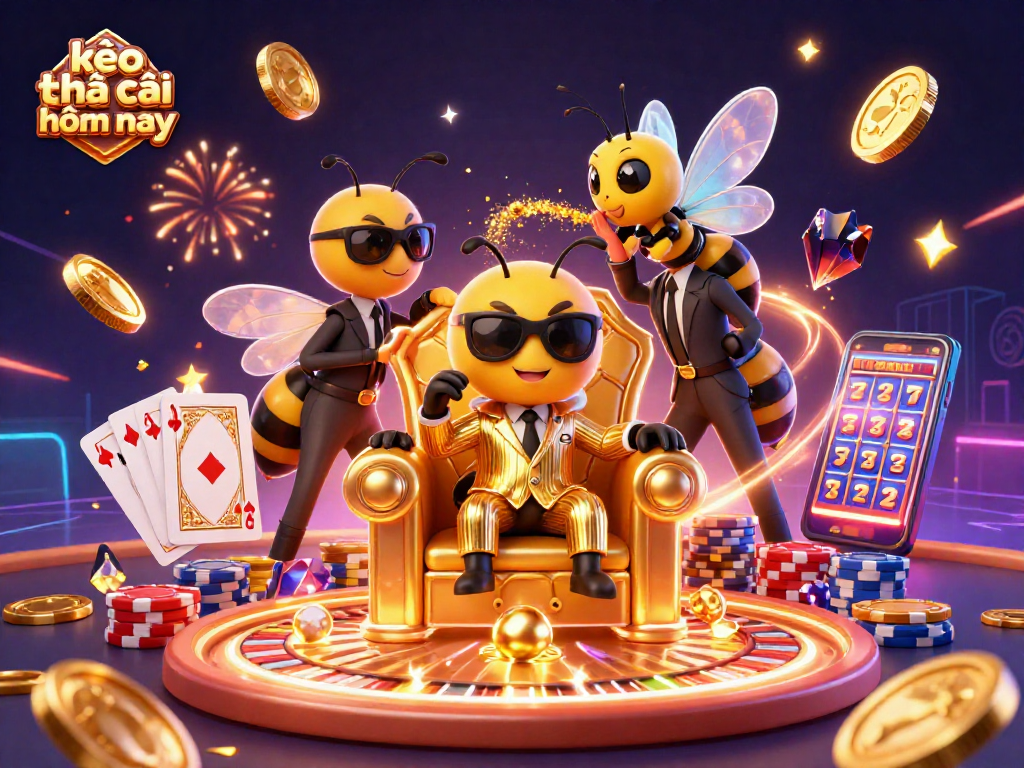 Engage with kèo nhà cái hôm nay in a vibrant 3D casino scene featuring a cartoon bumblebee boss.
