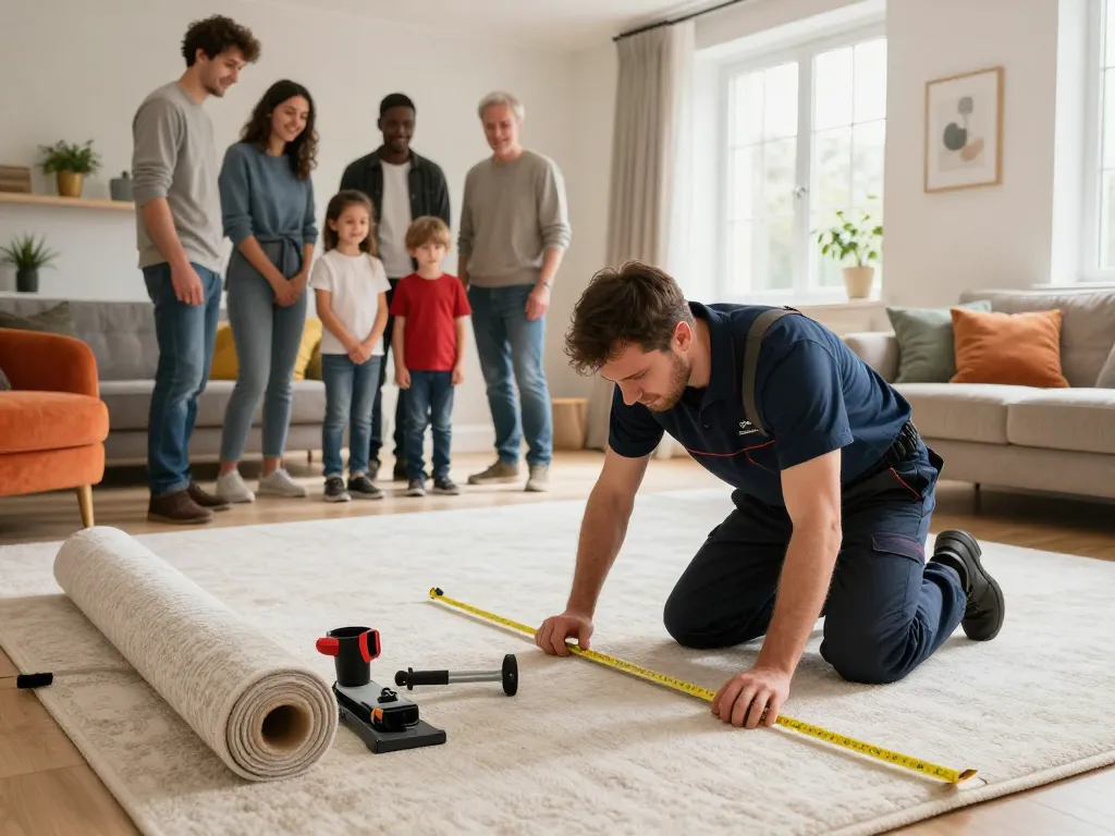 Expert carpet fitting services West London in a modern home with family observing the process.
