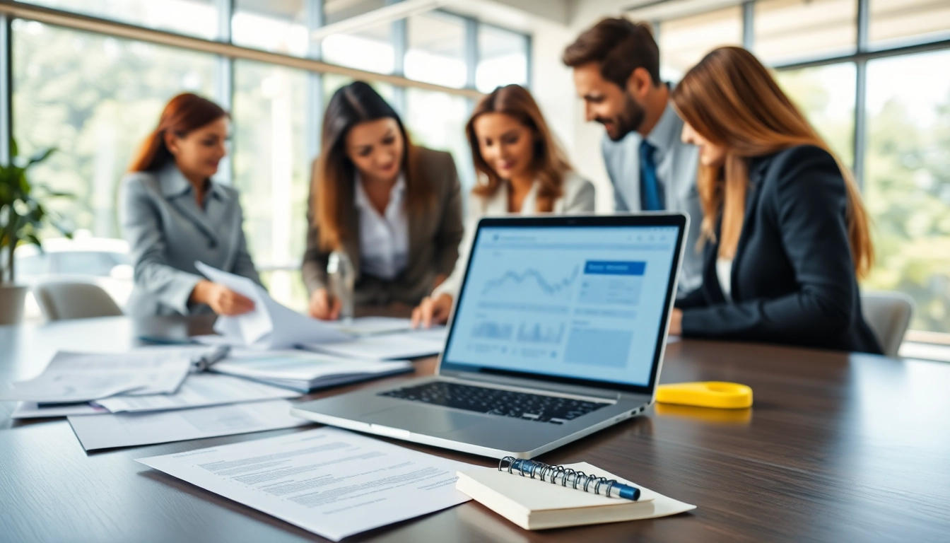 Streamlining Contract Management processes with a team collaborating over detailed documents in a modern office.