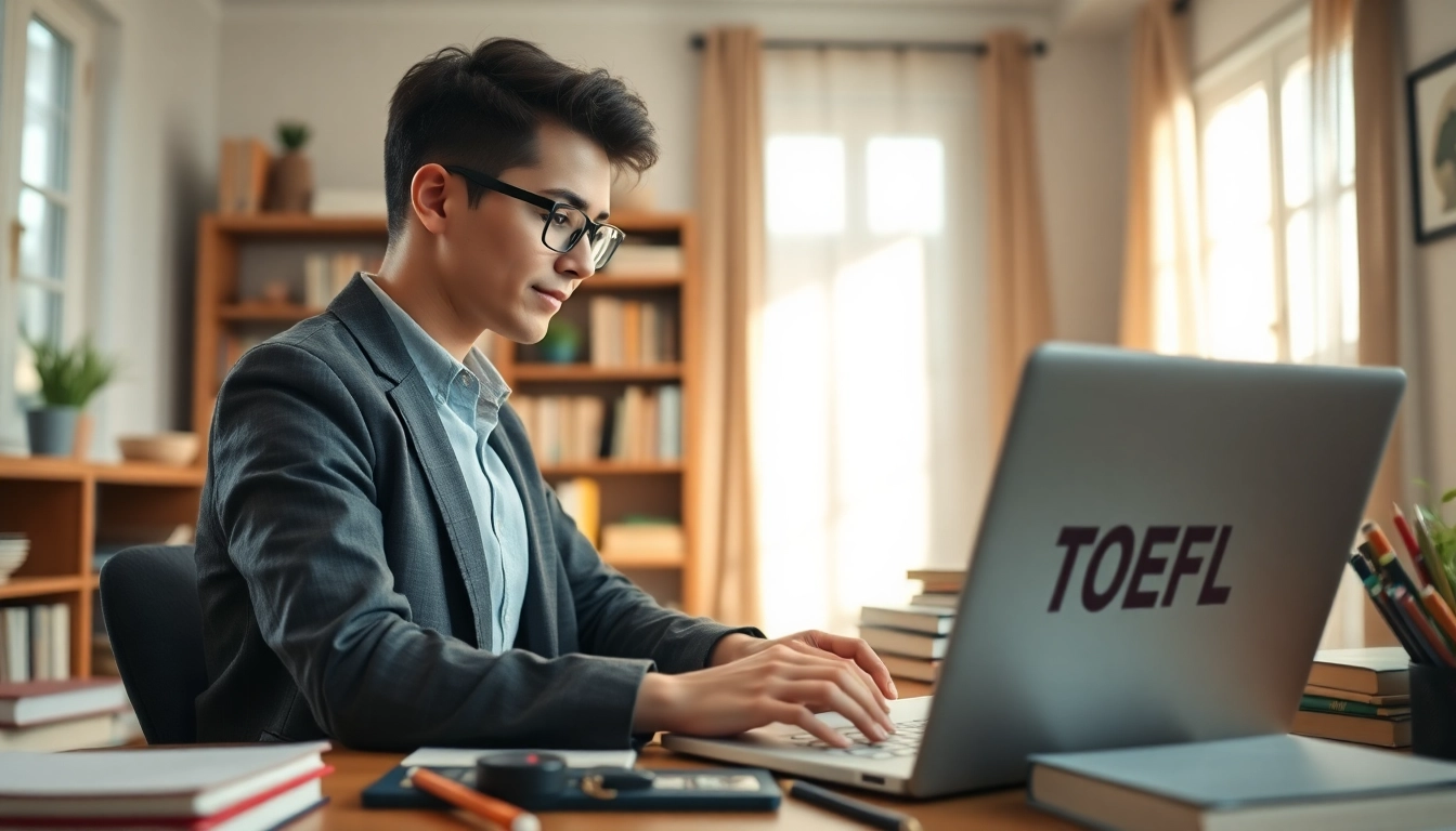 Motivated student preparing to pay someone to take toefl in a cozy study environment.