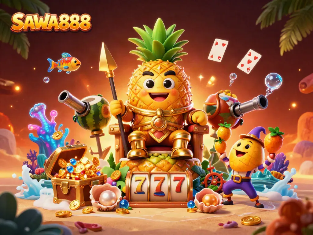 Experience thrilling gameplay at SAWA888 with vibrant casino characters and golden treasures.