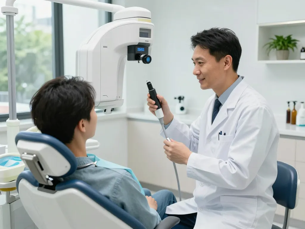 Dentist consulting with a patient in a modern clinic, demonstrating advanced dental equipment.