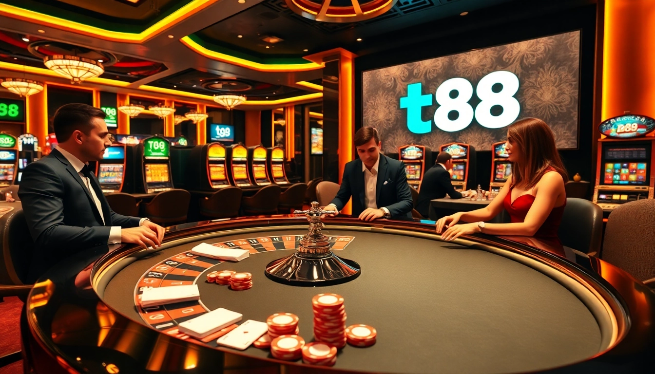 Experience the thrill of tg 88 in a luxurious casino scene with poker gameplay and vibrant slot machines.