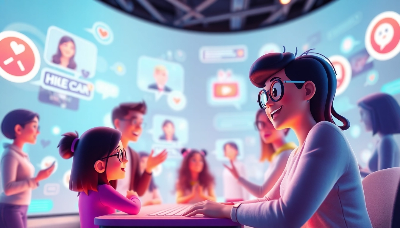 Interactive chat experience with animated characters showcasing crush on ai technology.